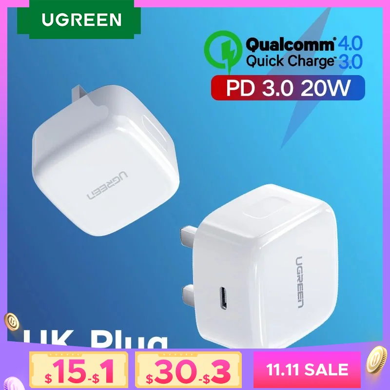 【UK Plug】UGREEN Quick Charge 4.0 3.0 QC PD Charger 20W USB Type C Fast Charger for iPhone 15 14 13 Pro Xiaomi Phone PD Charger