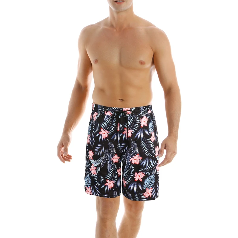 Family Father and Son Parent-Child Summer Swimwear Quick-Drying Leaf Flower Print Elastic Waist Shorts Swimming Beach Pants