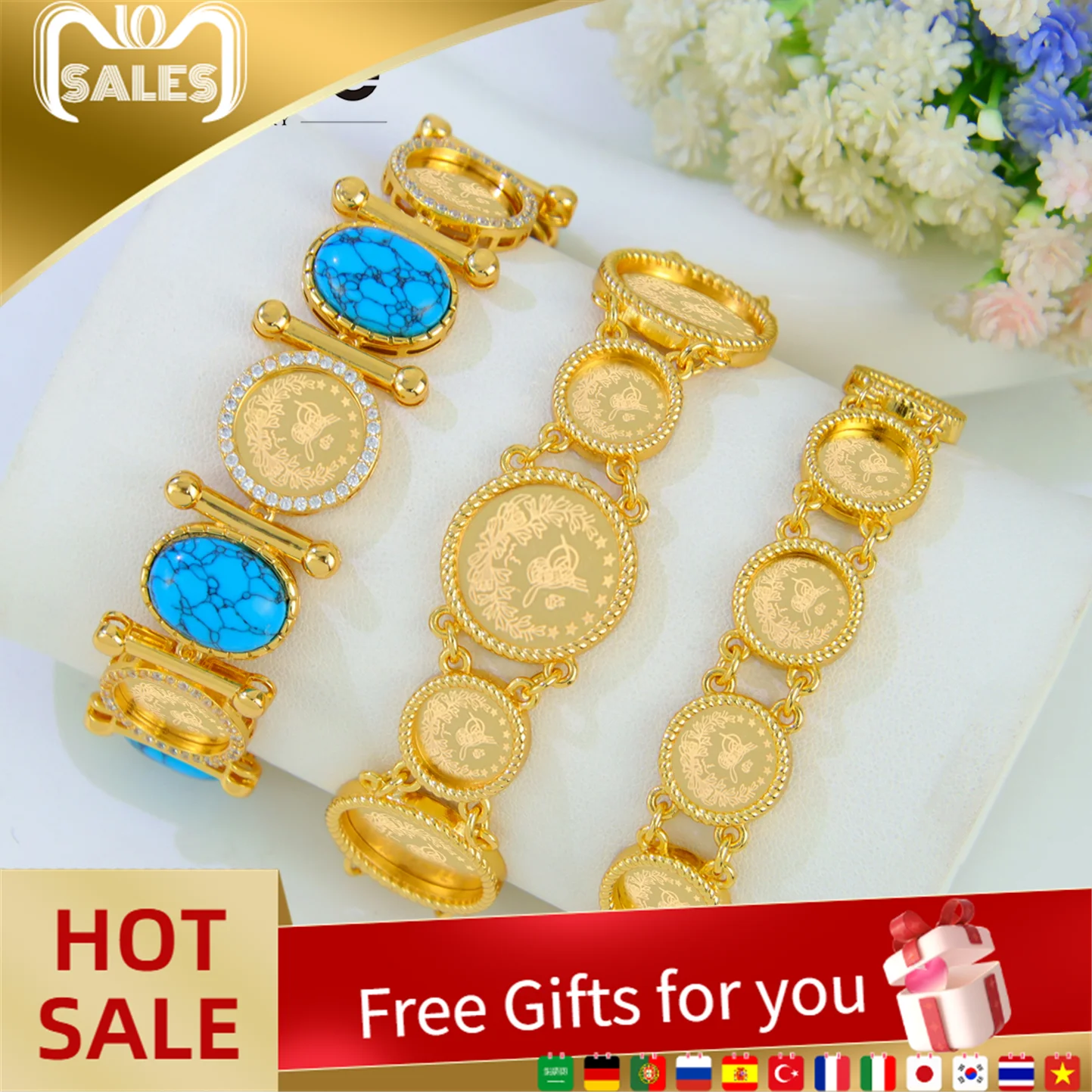 

Luxury Dubai Gold Plated Bracelet 21k Gold Color Turkish Coins Fashion Turquoise Bangles Muslim Women Event Party Jewelry
