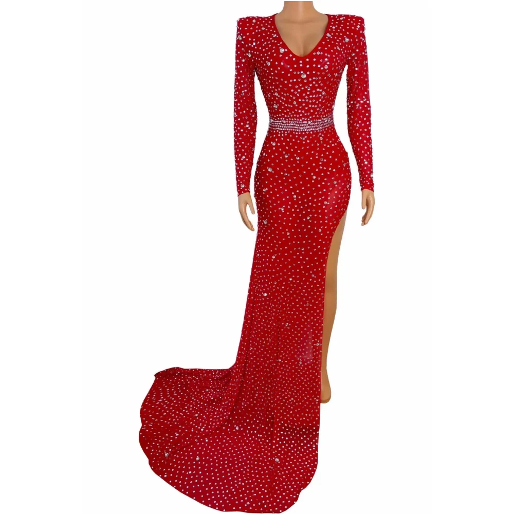 Robe Sexy fendue à manches longues pour femmes, strass brillants multicolores, tenue de soirée, de Banquet, modèle de Costumes, vêtements de salle de bal