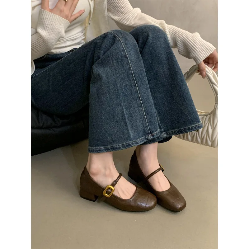 أحذية كعب خشن على الطراز الفرنسي للسهرات للنساء، أحذية جلدية جديدة لخريف 2025، أحذية ماري جين بكعب متوسط عتيق #4