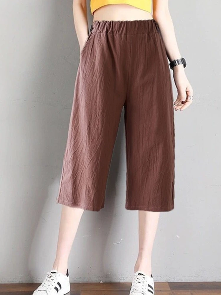 Pantalones finos de lino y algodón para mujer, pantalón informal, de pierna recta, de cintura alta, de siete pies, cómodos y transpirables, de verano