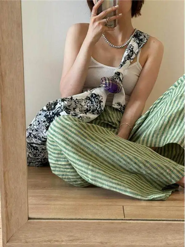 

Highly Recommended Japanese Design Sensation Casual Color Woven Linen Stripe Nine-Foot Pants Full Elastic Waist for Women