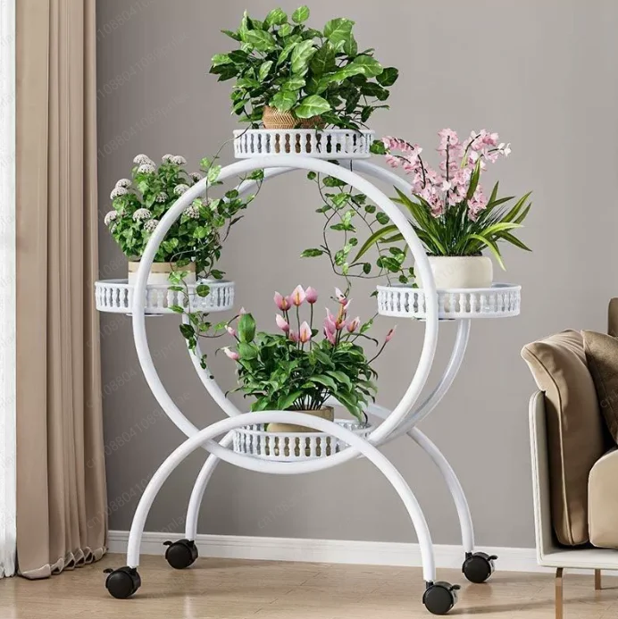 Wrought Iron Multi-layer Flower Stand with Wheels, Floor-to-ceiling Four-layer Reinforced Model