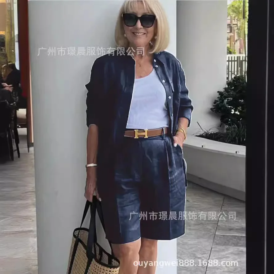 2024 Spring Women Suit Elegant Black Solid Long Shirt Loose Shorts 2 Piece Set Female Summer Casual Suits Formal Clothes Lady