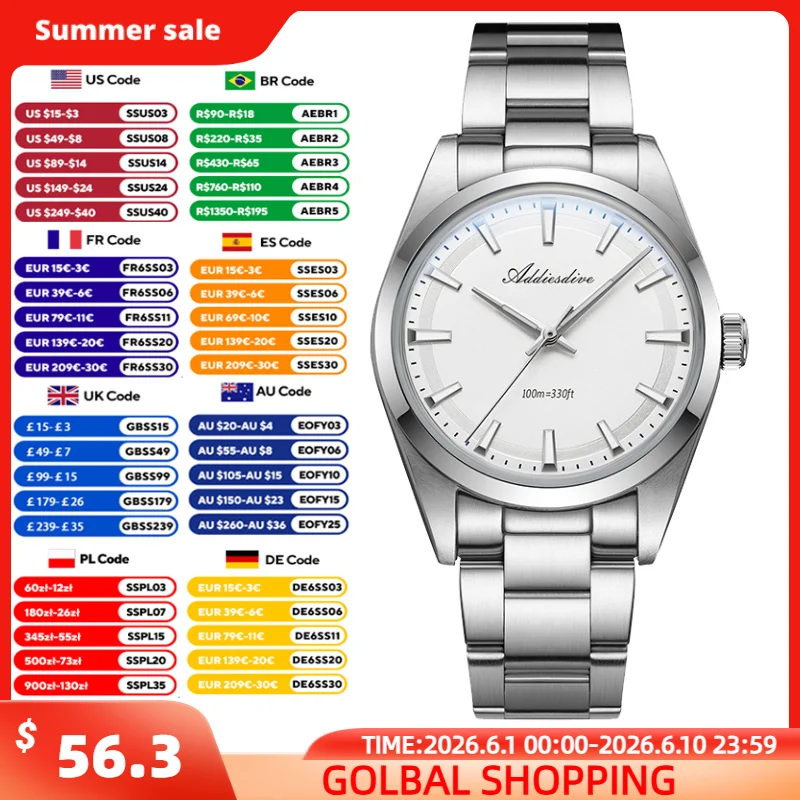 

ADDIESDIVE Men's Quartz Watch 36mm Waterproof 10Bar Super Luminous Wristwatch Domed Bubble Glass 316L Stainless Steel Watches