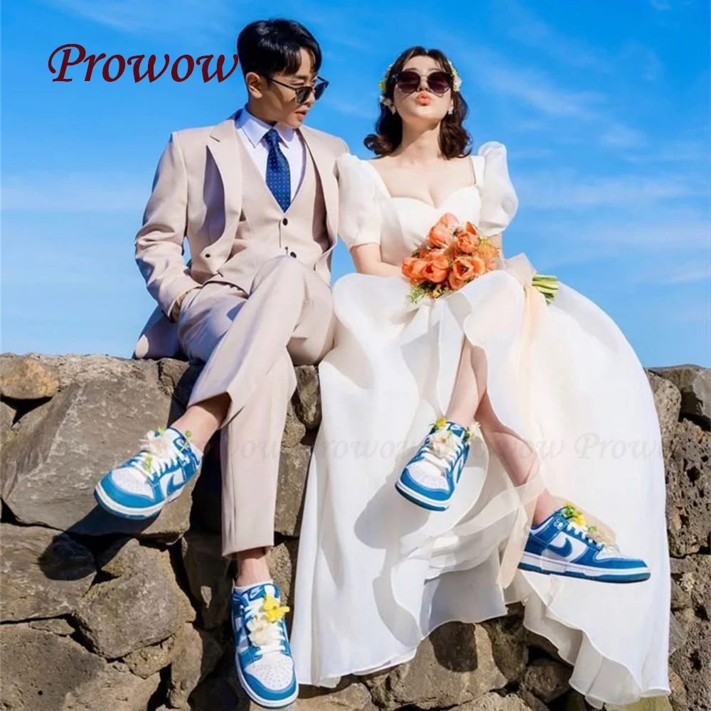 

Prowow Simple Square Collar A Line Wedding Dress Korea Photo Shoot Puff Short Sleeves Floor Length Bridal Gown SCustomized