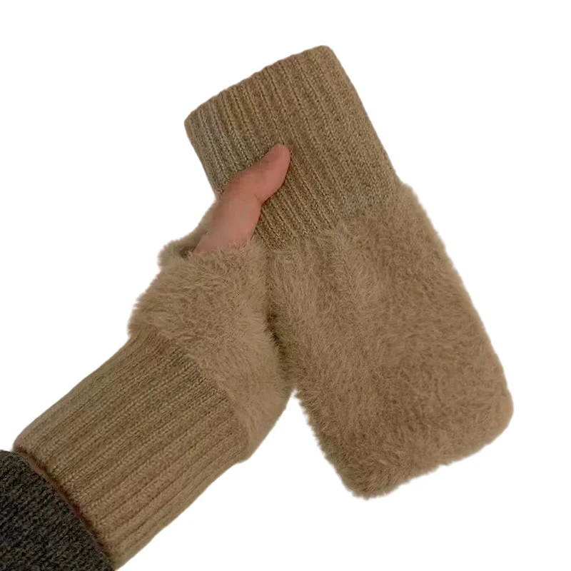 Guantes de medio Dedo de lana de visón para mujer, mitones de muñeca de punto de felpa de Color sólido, suaves, cálidos, sin dedos, escritura, Invierno