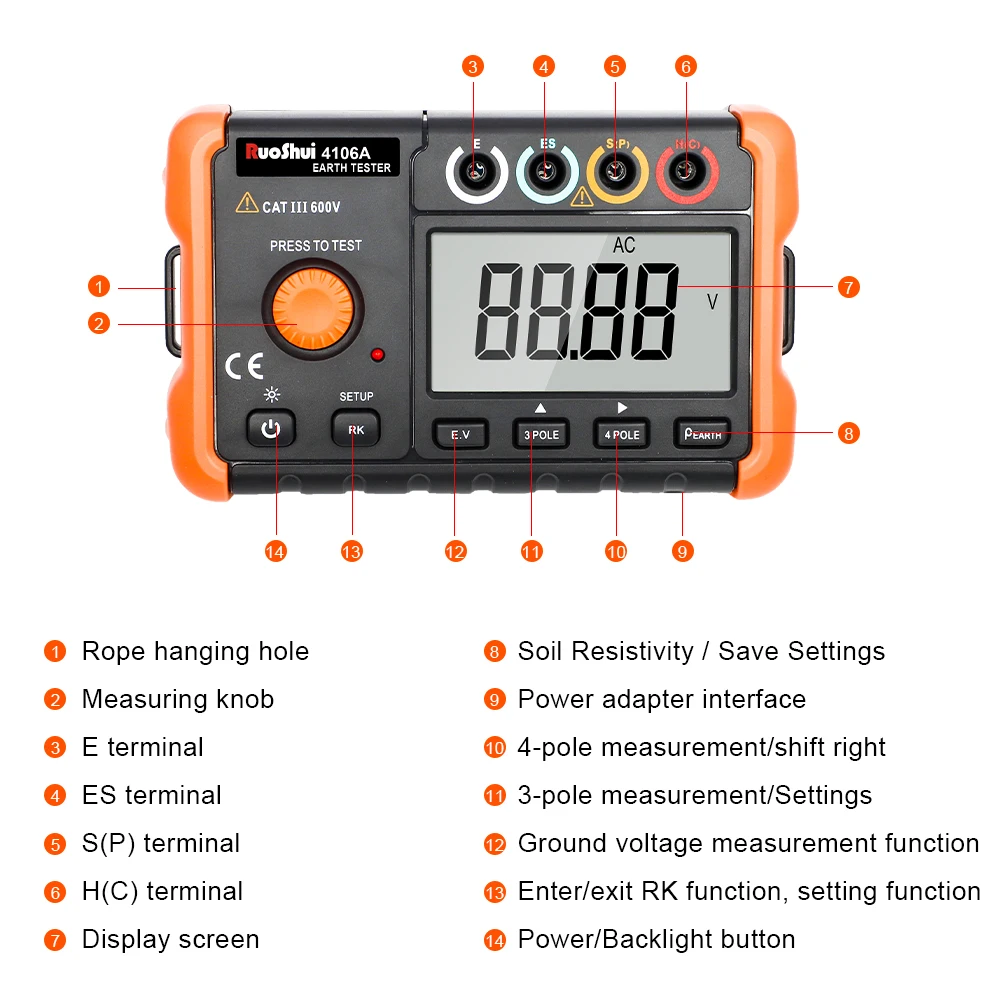 RuoShui 4106A Digital Earth Tester Ground Resistance Meter Low Voltage Display LCD Backlight 3 Pole/4 Pole Method 2000Ω True RMS