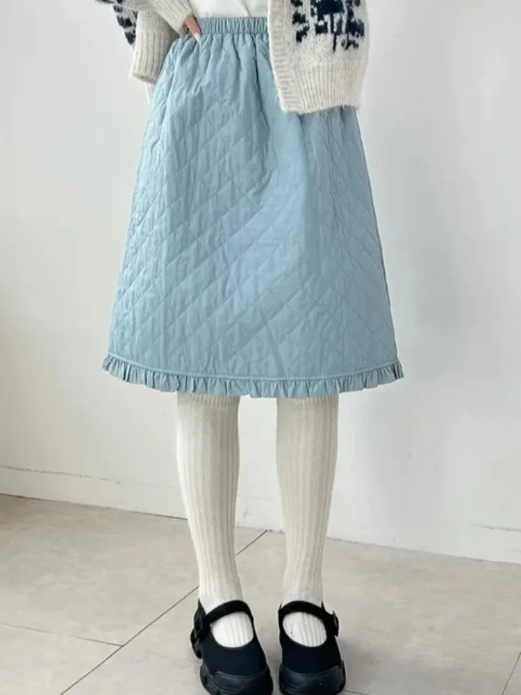 

Korean Sle Pleated Cotton f Skirt Women's Autumn Winter New Cute Anti-aging Wooden Ear Mid-length A-line Skirt