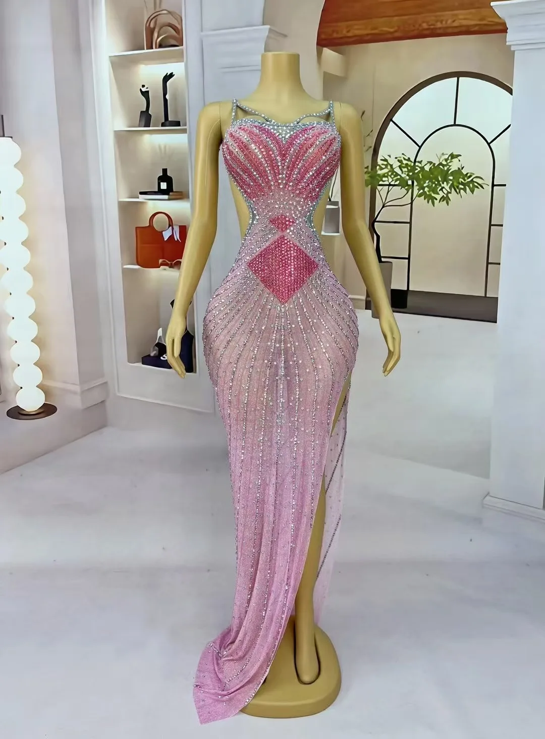 Sexy Pink Sparkly Rhinestones Supenders High Split Backless Dress Women Evening Prom Gown Red Carpet Stage Photoshoot Costume