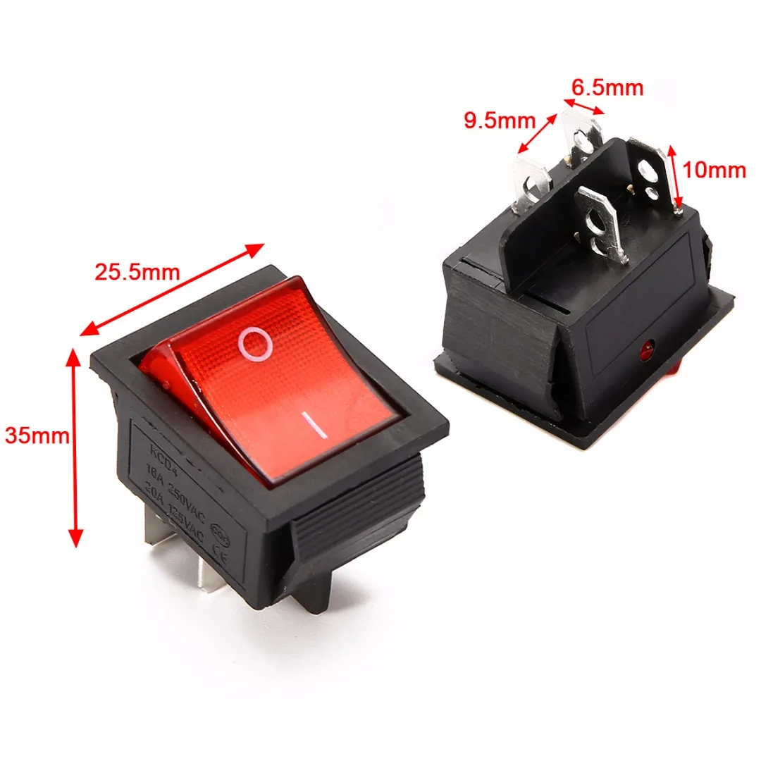 5pcs 2 Position Red Light Rocker Switch 16A/250V KCD4-20 4 Pin ON/OFF Toggle Switches 35 x 25.5 x 10mm