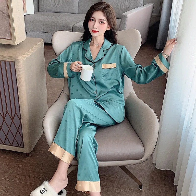 Top Autumn New Ice Silk Women Pajama Lapel Button Cardigan Outfits for Women 2 Piece Set Fashion Printing Set Clothes for Women 3
