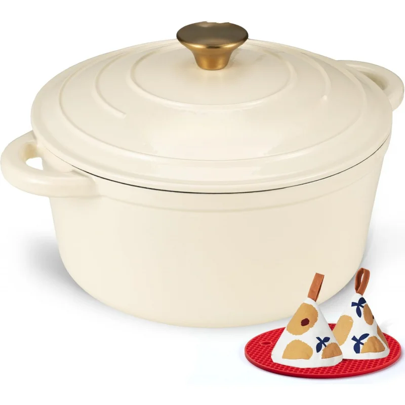 

Enameled Cast Iron Dutch Oven - 5.5QT Pot with Lid Cookbook & Cotton Potholders - Heavy-Duty Cookware for Braising, Stews