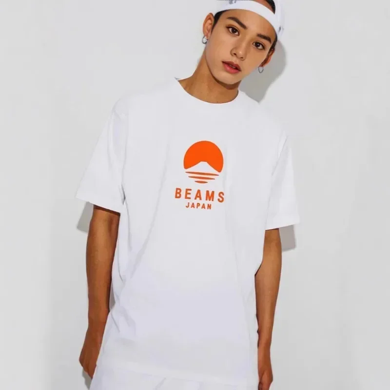 BEAMS 25SS Summer Loose Crewneck Short Sleeve T-Shirt Unisex Classic Mount Fuji Print Red String Pure Cotton