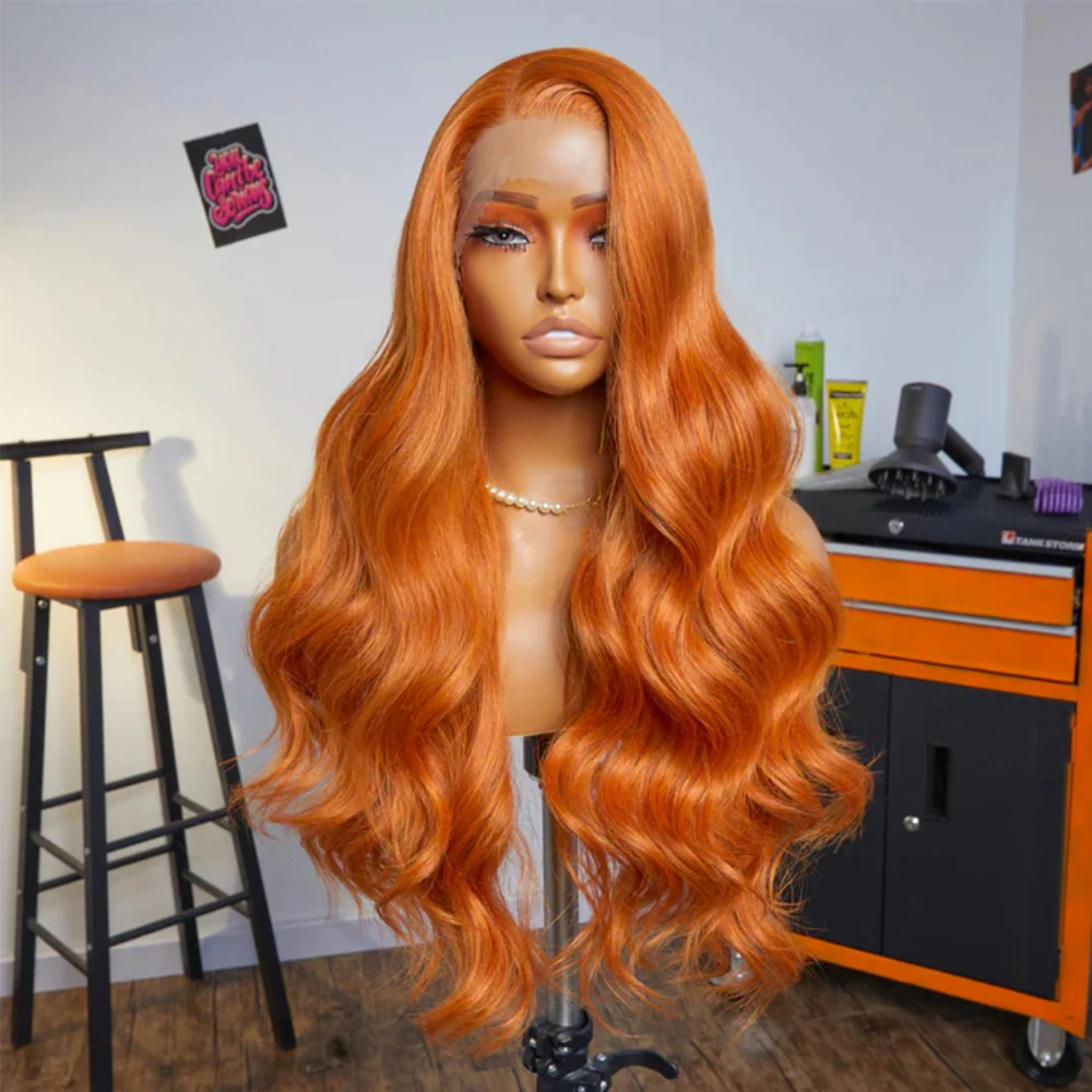 Orange Long Wave Wig Synthetic Lace Front Wigs For Women Heat Resistant Deep Wave Orange Wigs Daily Use Cosplay Natural Hairline