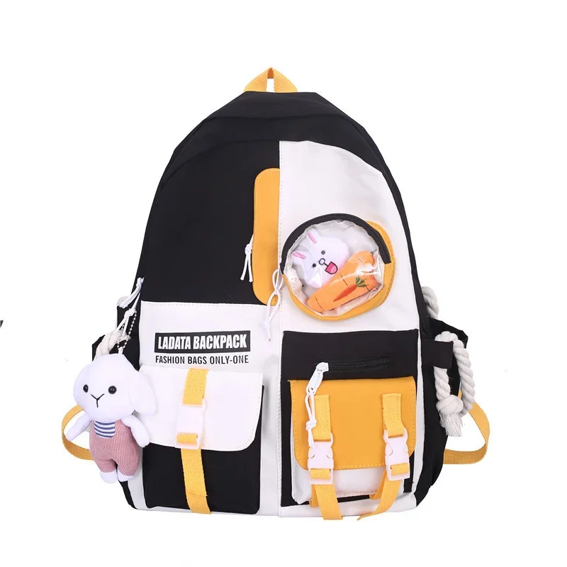 TRAVEEASY Lightness Women Backpack Nylon Waterproof Middle School Bag Girl Preppy Kawaii Rabbit Pendant Backpack Large Capacity