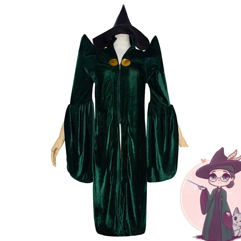 

Anime Professor Minerva McGonagall Cosplay Costume Green Dress Cape Velvet Role Play Cloak Halloween Carnival Includes,3'f.5;j.8