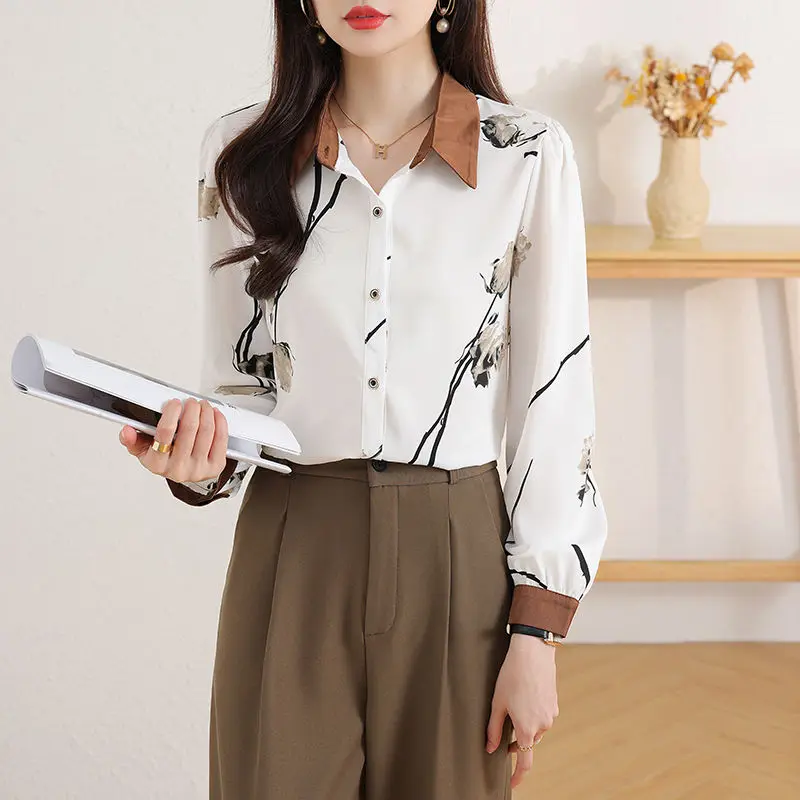 Simplicity Commute Temperament Fashion Versatile Classics Color Block Sweet Ink and Wash Women\'s Chiffon Shirt All Season 2024