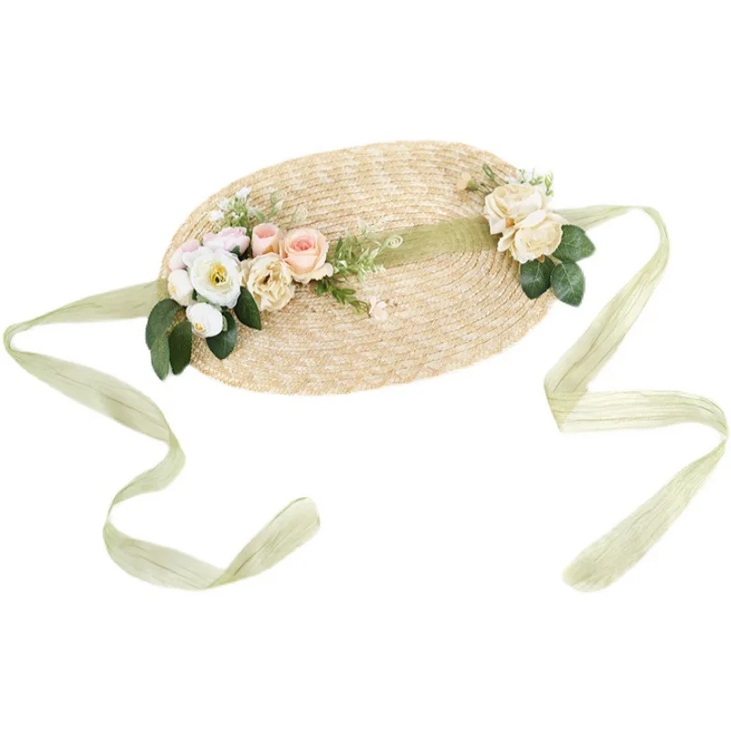 Lolita Headdress Hat Headpiece Hair Accessories Flat Top Hat Ruffle Lace Lolita Straw Hat With Strap Ribbon Flower