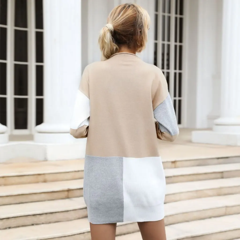 

Women's Long Sleeve Loose Sweater Dress Casual Color Matched European And American Fashion Independent Station Trade