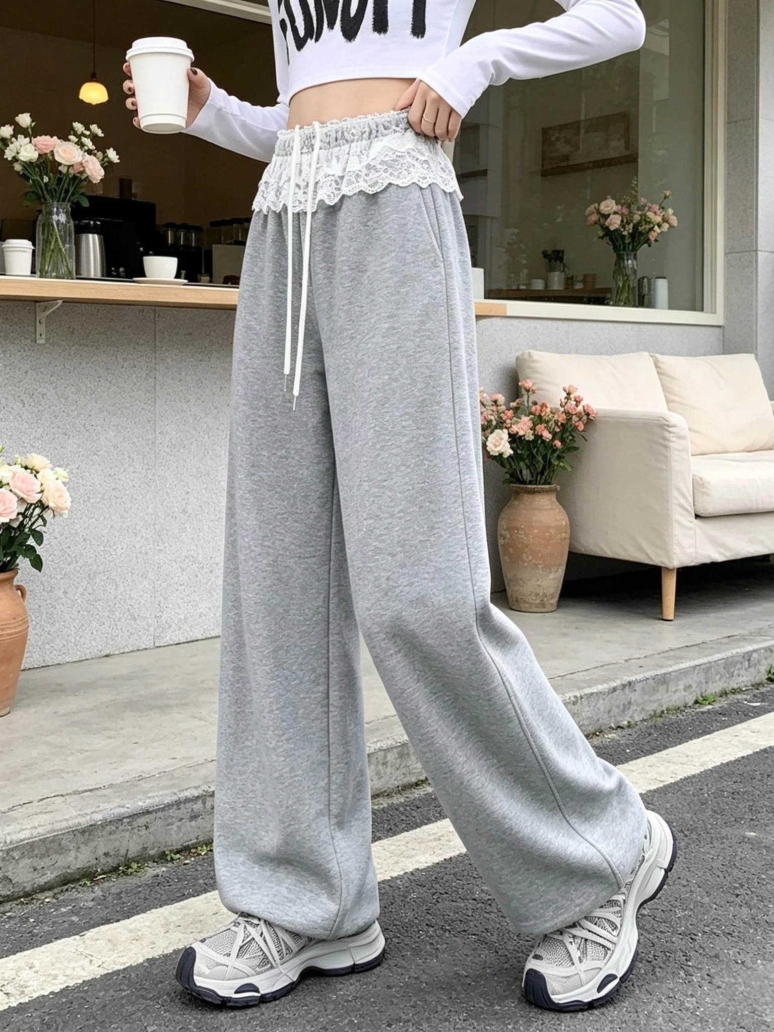 Light Grey Lace Splice High Waist Slimming Commute Wide Leg Casual Pants Women's Spring Autumn New Style Loose Fit Straight Leg