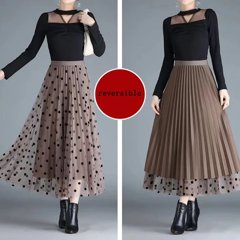 Elegant Mid-length All-match High-waist Slimming Flocking Floral Mesh Long Gauze Skirts Women 2023 Autumn Winter High Waisted