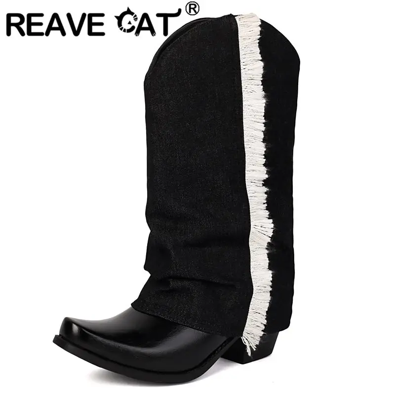 

REAVE CAT 2025 Женские ботинки в стиле вестерн для отдыха с квадратным носком и блочным каблуком 6,5 см, разноцветные слипоны размера плюс 42 43 Ежедневные ботинки до середины икры Bota