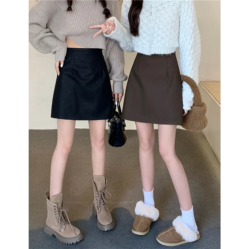 

Юбка А-силуэта с высокой талией для женщин больших размеров, из искусственной кожи, облегающая, короткая, модная, осенне-зимняя, для фигуры типа «груша»