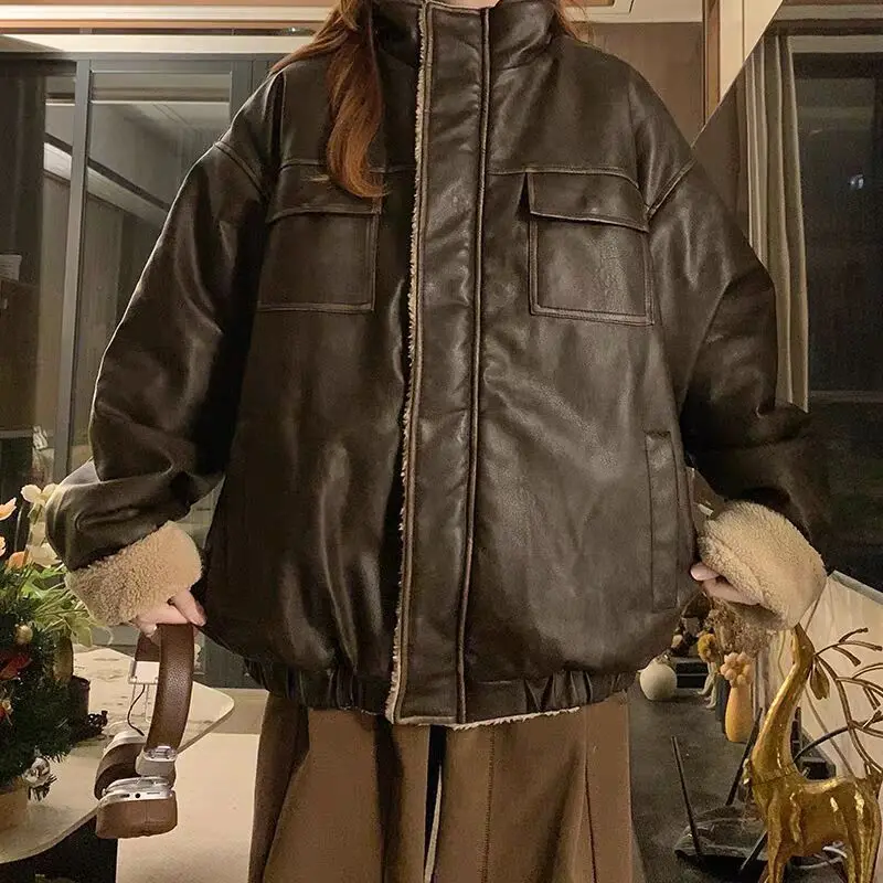 Retro Coffee Colored Fur One-piece Cotton Jacket for Women in Winter  Loose Jacket with Thick Plush Workwear Cotton Clothing