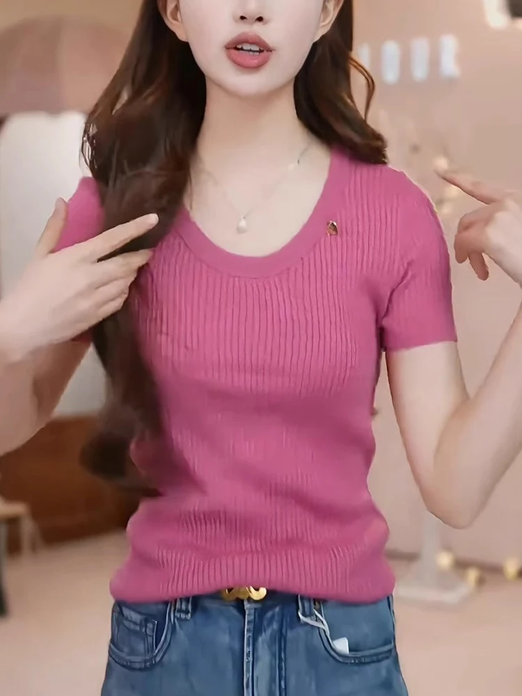 

Новый однотонный дизайн, вязаный витой летний топ, круглый Ne ort Sve, повседневный женский трикотаж Faion для поездок на работу