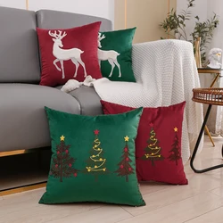 Christmas Decoration Cushion Cover 45x45cm Soft Velvet Christmas Tree Deer Embroidery Pillow Case Red Green Square Pillow Cover