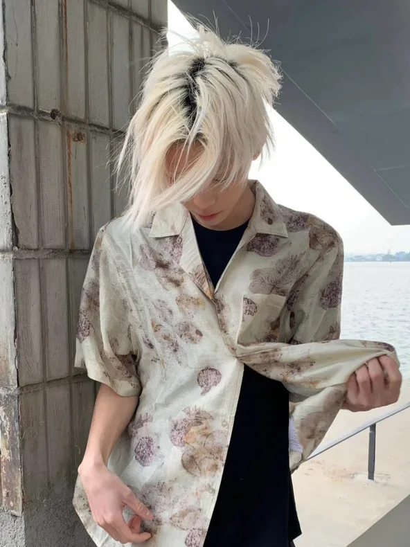 花柄プリントボタンダウンシャツ レディース襟付きルーズフィットシャツ ポリエステルカジュアルシャツ 花柄タイネクタイ レディース...