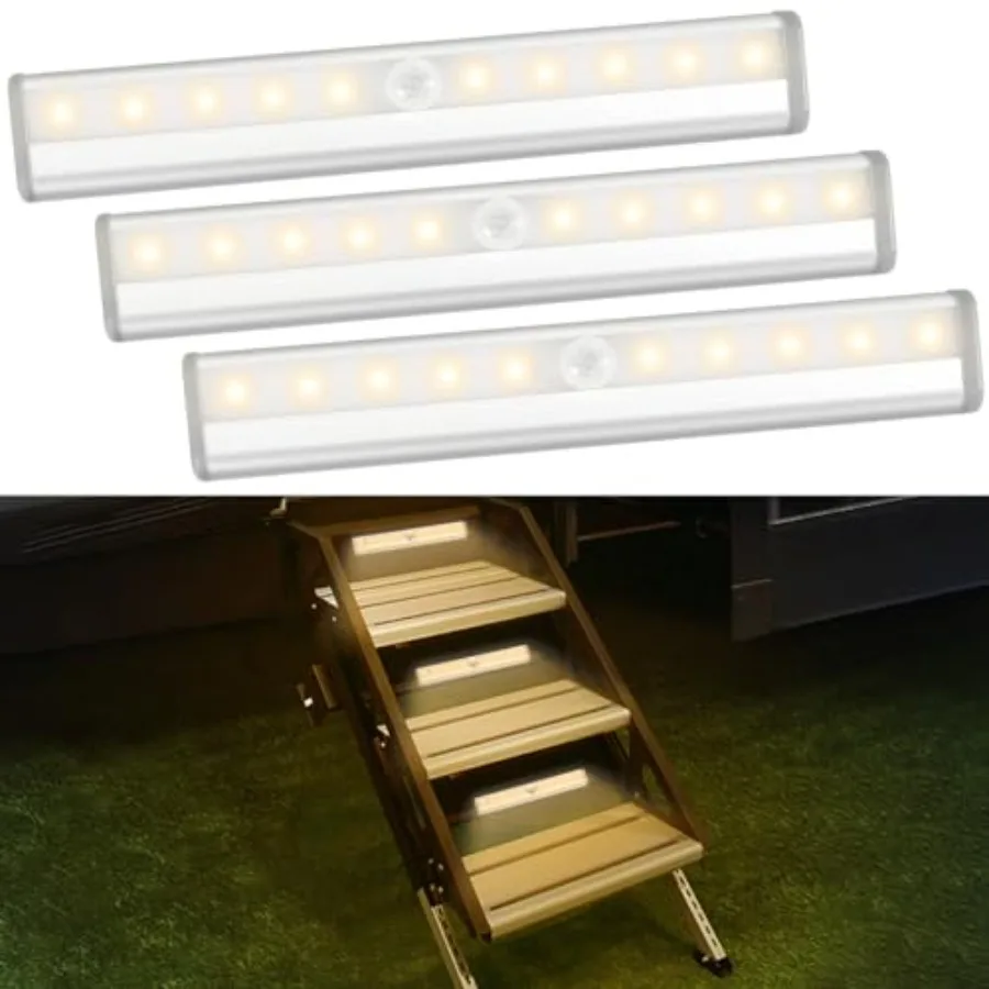 3 Pack Motion Activated RV Step Lights, 10 LED Battery Operated Motorhome Motion Sensor Light Strip, Magnetic Night Light Bar f