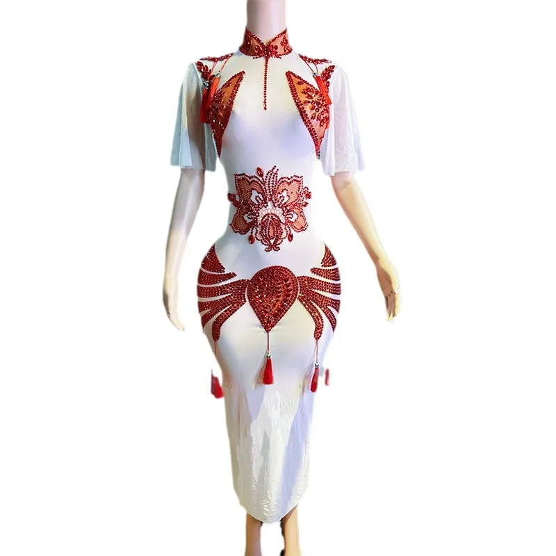 

Chinese Diamond Performance Dress Cheongsam Temperament Elegant Banquet Party Event Evening Dress Star Red Carpet Abiti Da Festa
