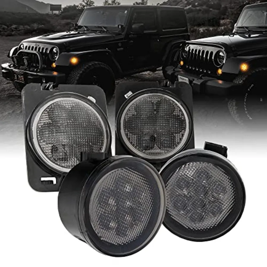 

TRUE MODS Front LED Turn Signal and Side Marker Light Replacement for Jeep Wrangler [Smoked Lens] [Amber] LED Light Kit Compati