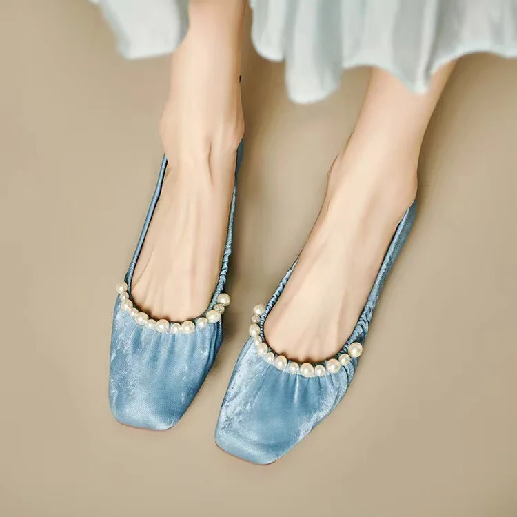 

Soft~~Sweet Pearl Flat Ballet Single Shoes Women's New Chinese Style Soft Bottom Bean Shoes Grandma Shoes