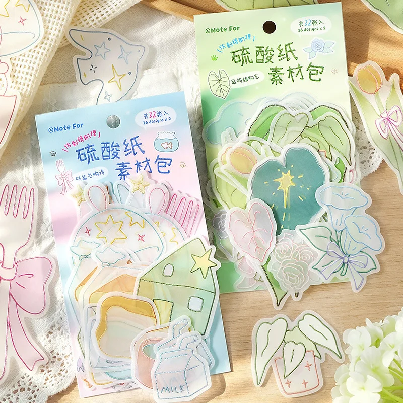 32 Sheets/Pack Semi‑Transparent Paper Sticker Material Pack Ins Journal Background Decorative Stickers For Scrapbooking