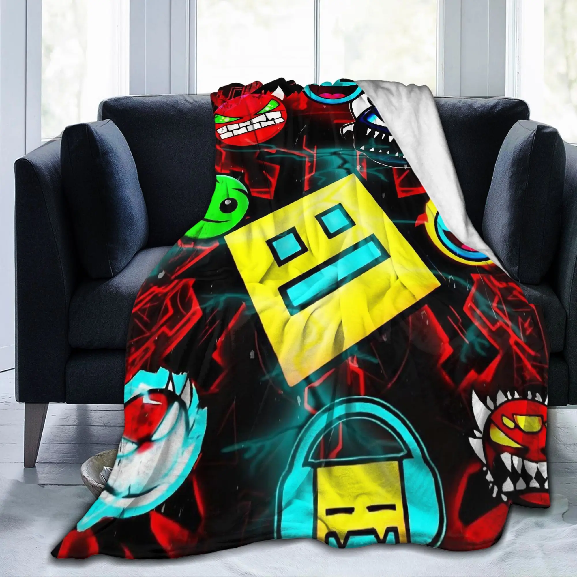 Geometry Icon Face Dashes Game Fleece Blankets Cartoon Vintage Throw Blankets for Bedspread Super Soft Multi-function Portable