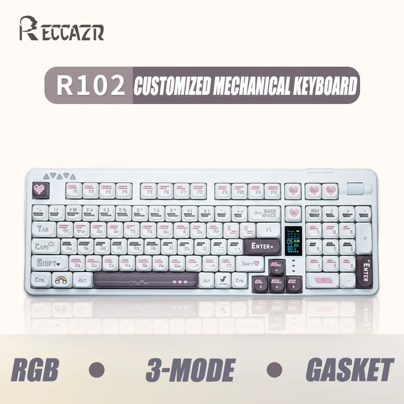 Reccazr R102 3-Mode Mechanical Keyboard Rgb Gasket Structure With Display 102-Key With Red Axis 2.4G/Wireless Bluetooth/Wired