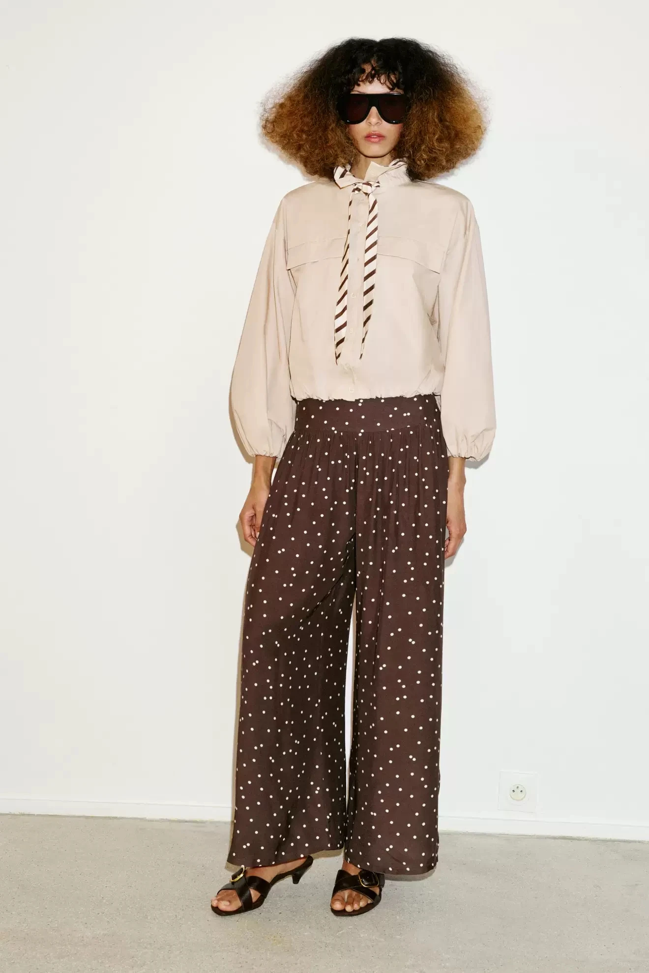 

High Waist Wide Leg Pants Women's Fashion Spring Summer New Arrival Pleated Polka Dot Long Trousers Commute Style Leather Pants