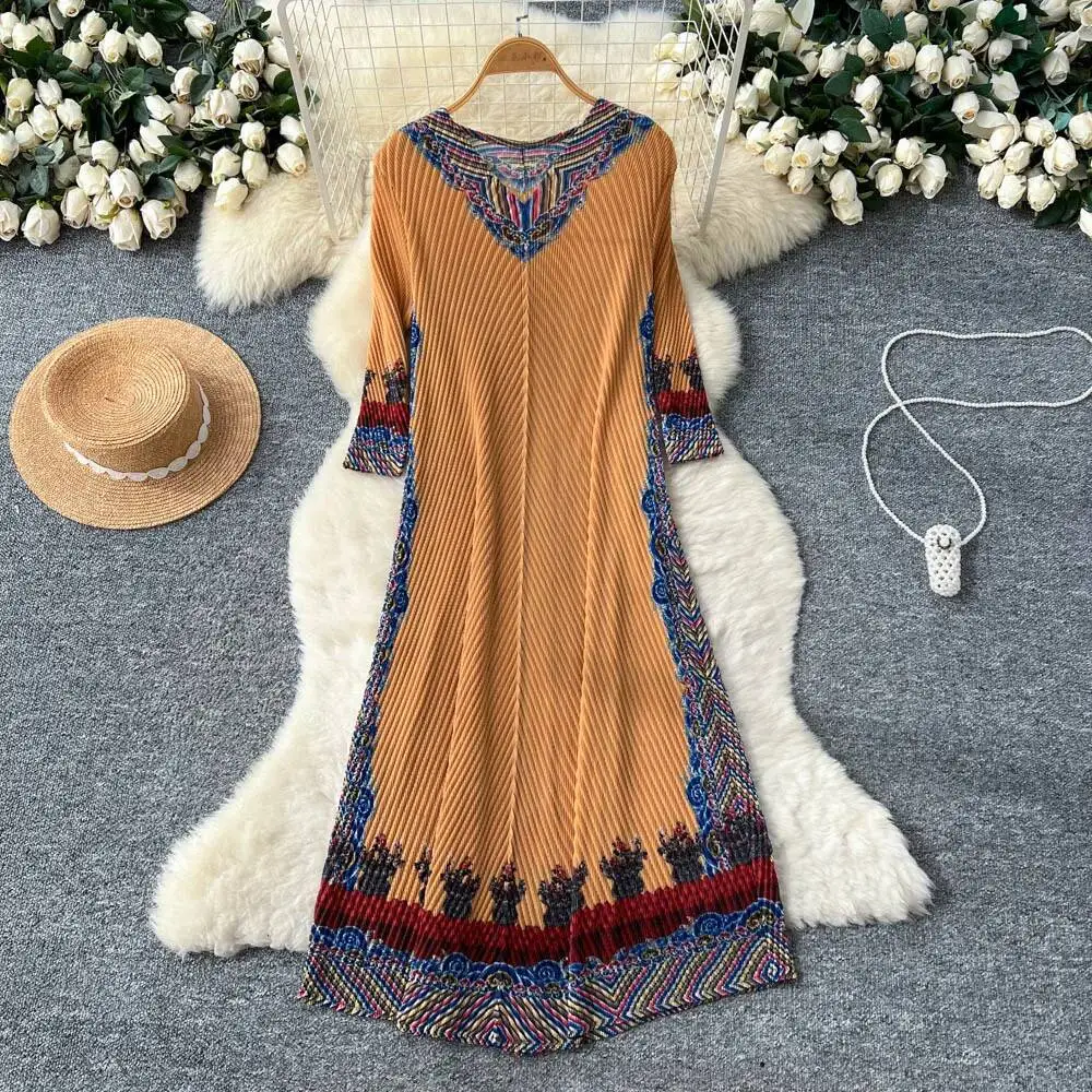 ชุดเดรสวินเทจแขนยาวแบบต่อผ้าสไตล์ลำลองสำหรับงานเลี้ยงตอนเย็น ชุดเดรสสำหรับงานพิธีในสไตล์ไฮสตรีทสำหรับผู้หญิง