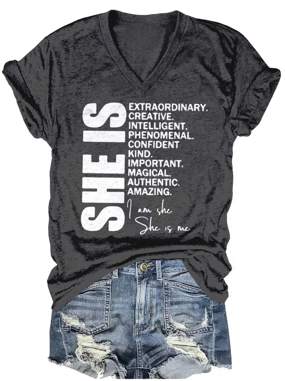 

Rheaclots She Is Extraordinary Creative Intelligent Funny Letter Printed V-Neck Short Sleeve T-Shirt