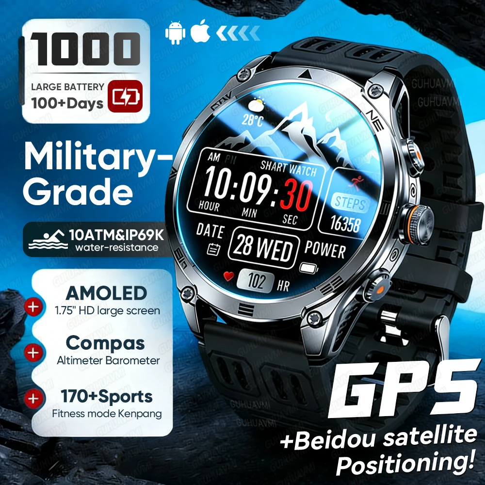 

Новые умные часы 2026 года для мужчин: военные, с GPS, аккумулятором 1000 мАч, водонепроницаемостью 10ATM, компасом, Bluetooth-звонками и HD AMOLED-экраном 1,75 дюйма