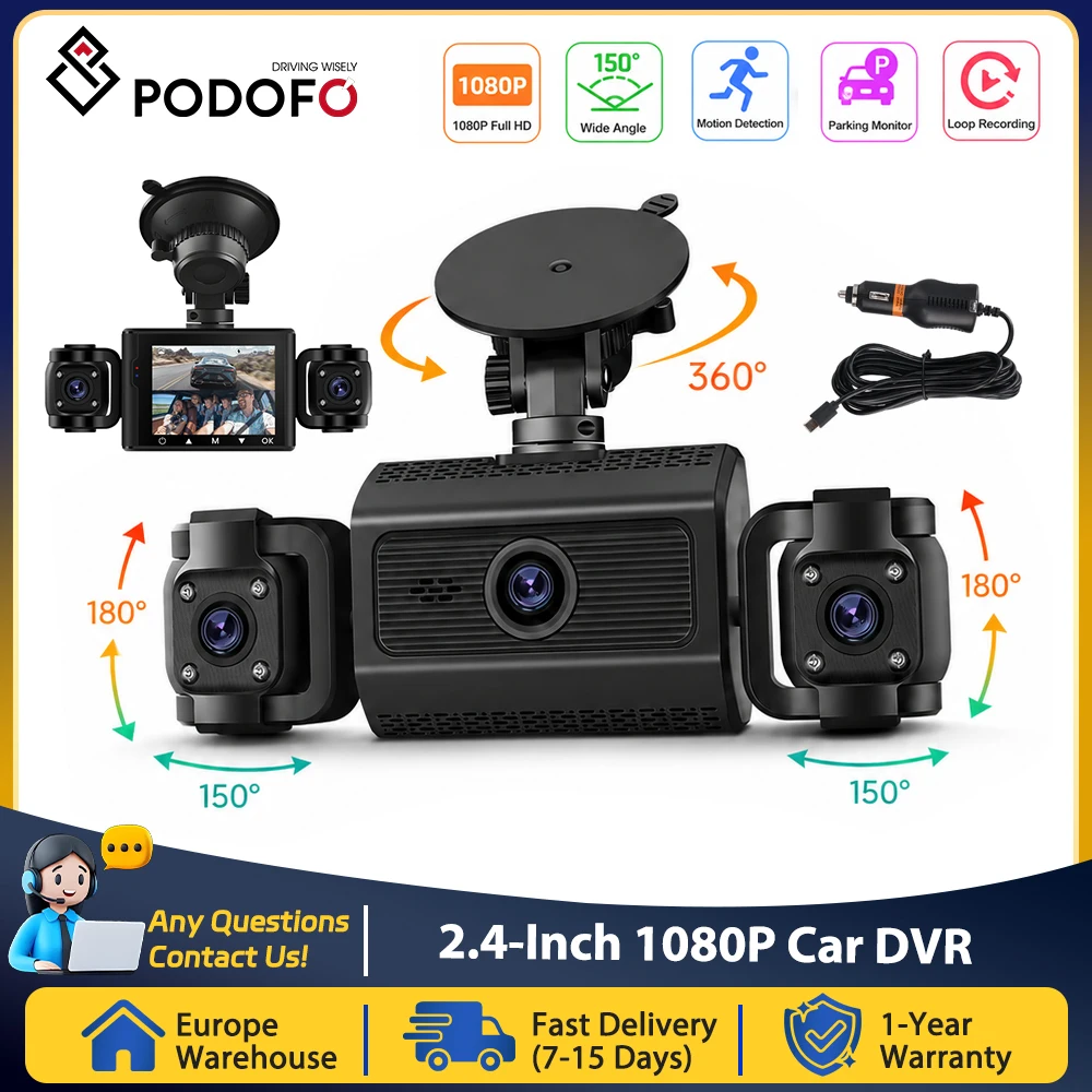 PODOFO 2.4-inch 1080P Car Rear Mirror Dash Cam DVR Triple Record HD