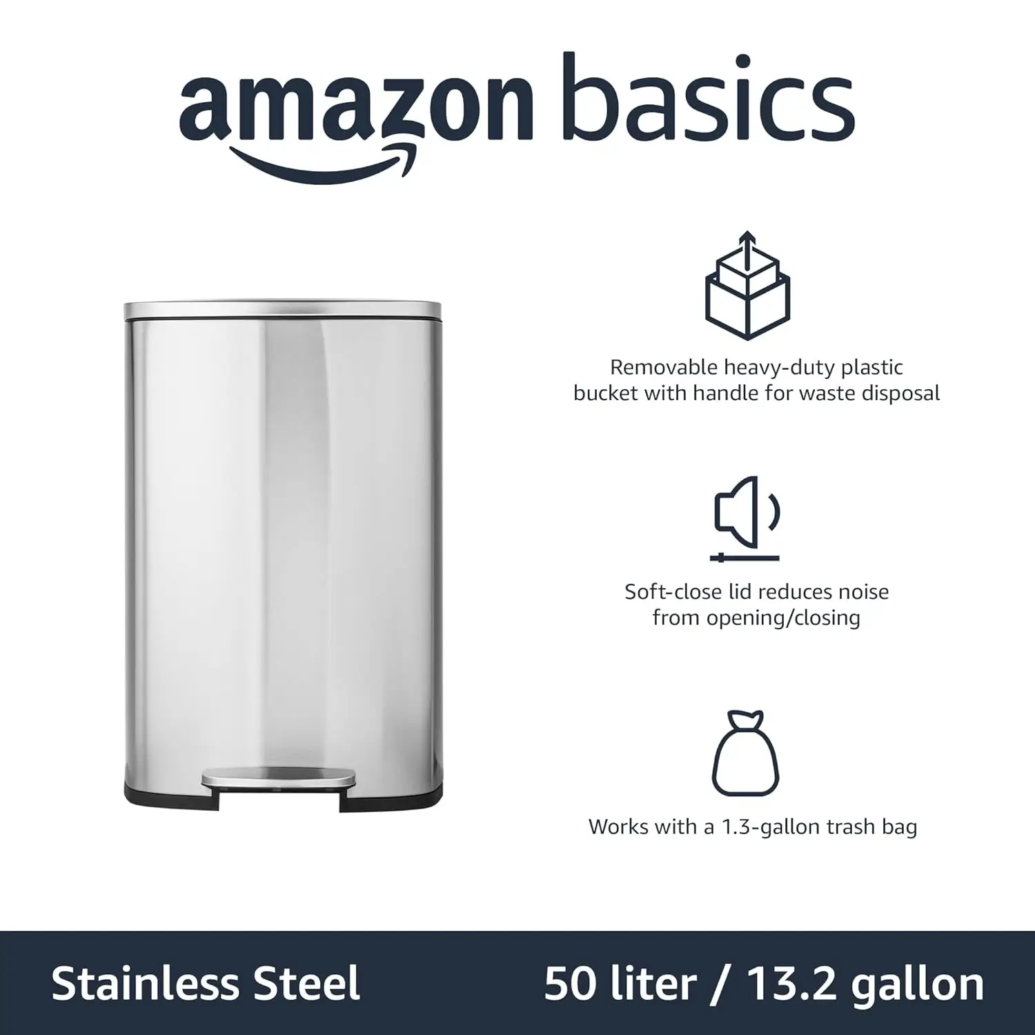 Smudge Resistant Rectangular Trash Can With Soft-Close Foot Pedal, Brushed Stainless Steel, 50 Liter/13.2 Gallon