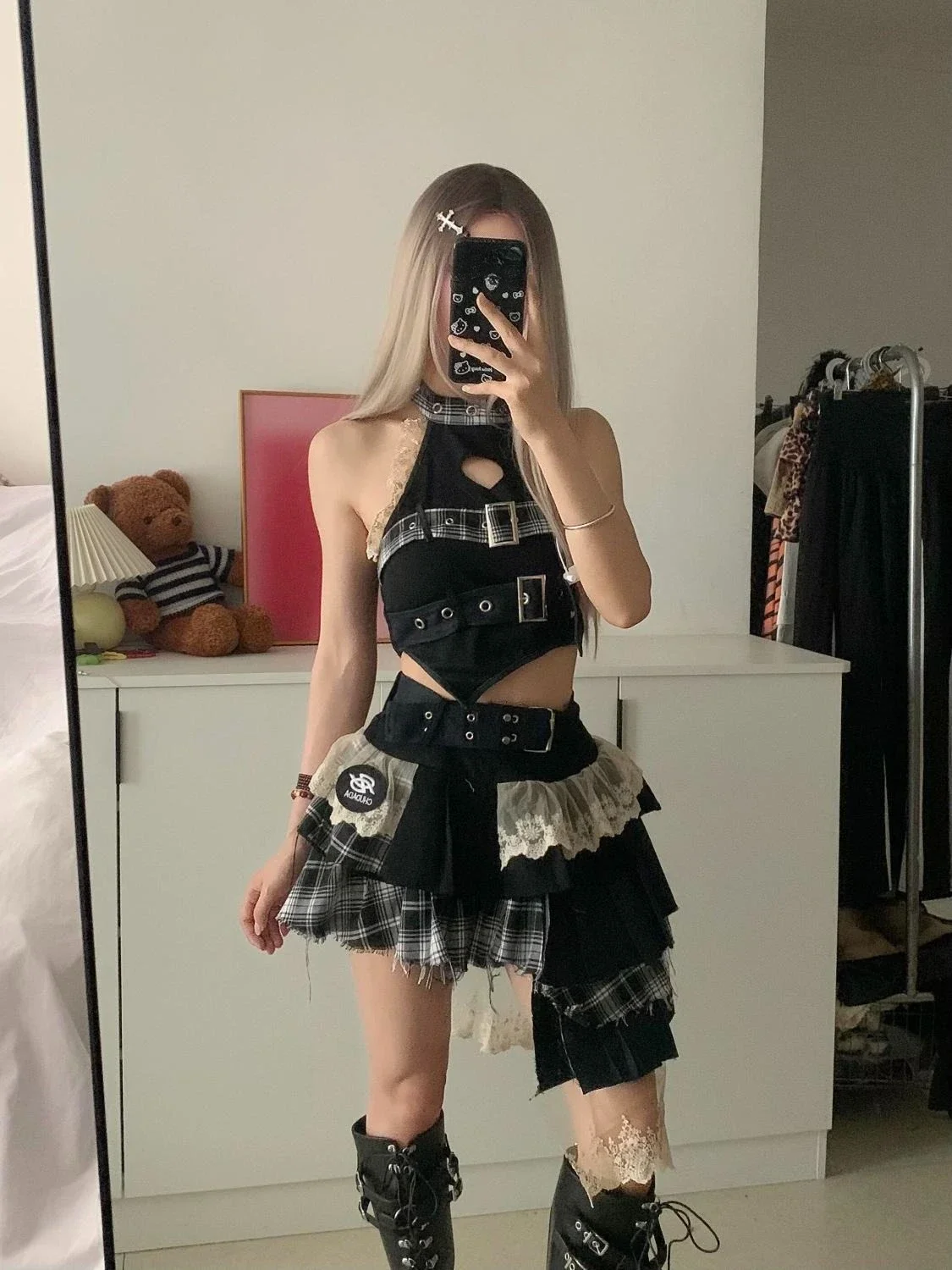 

Summer New Spicy Girl Suits Vintage Lace Patchwork Sleeveless Top + Irregular Mini A-line Skirt Two Piece Sets Womens Outifits