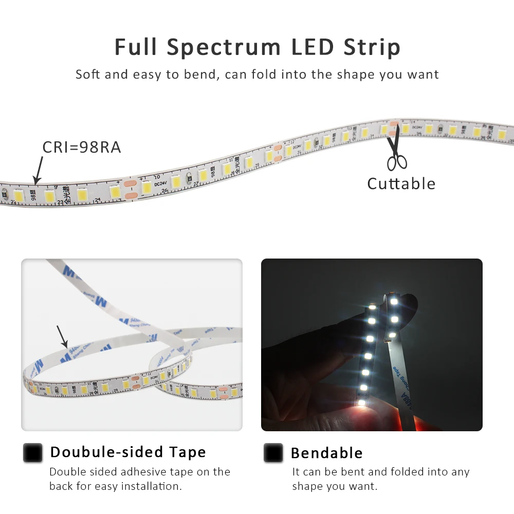 2835 SMD LED Strip 24V 5M 10M Full Spectrum Tape Lamp 120LEDs Warm Cool White Ra98 High Brightness Flex Ribbon Kitchen Lighting