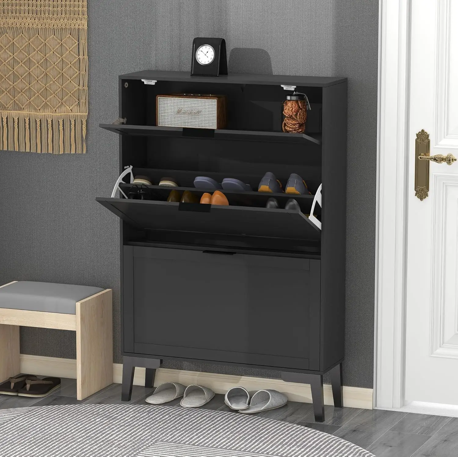 

Modern Shoe Cabinet for Entryway - Black Wooden Hidden Shoe Cabinet - Narrow Free Standing 3 Tier Rack
