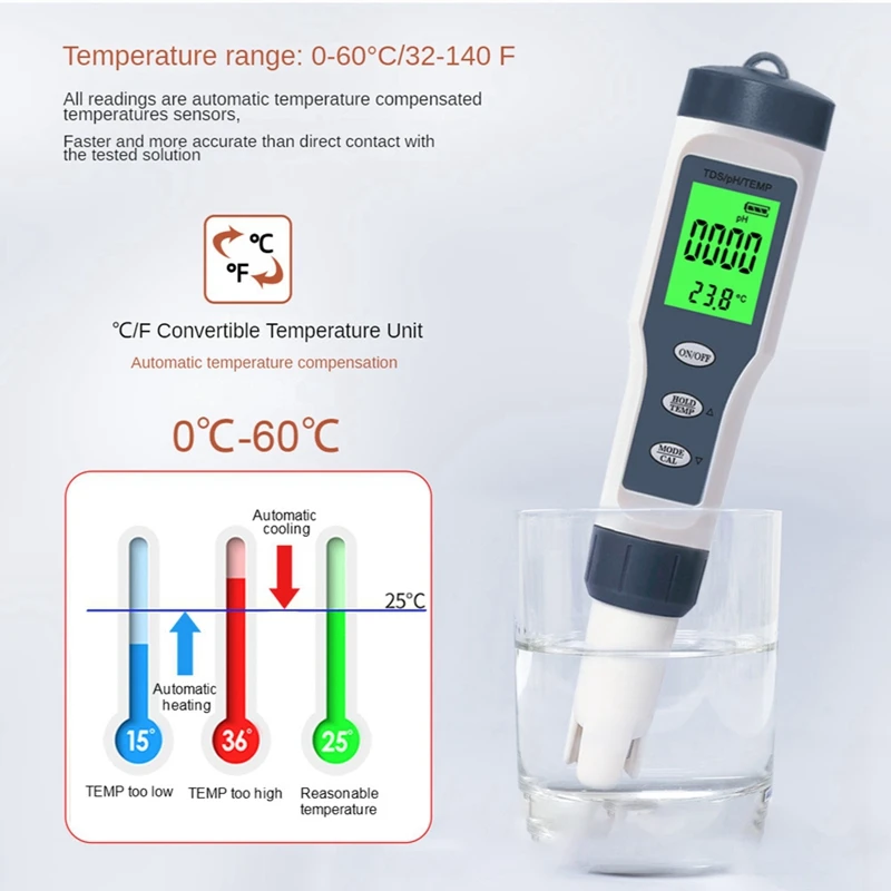 TDS / PH / TEMP Three In One Test Pen Ph Pen Ph Water Quality Test Pen